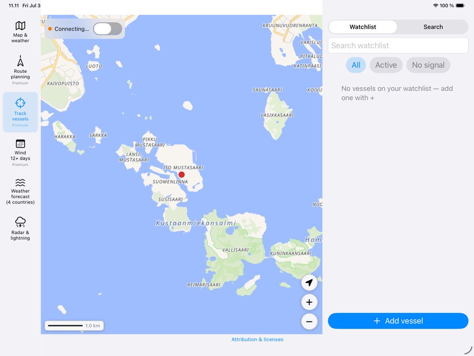 AIS watchlist with vessel positions on the map