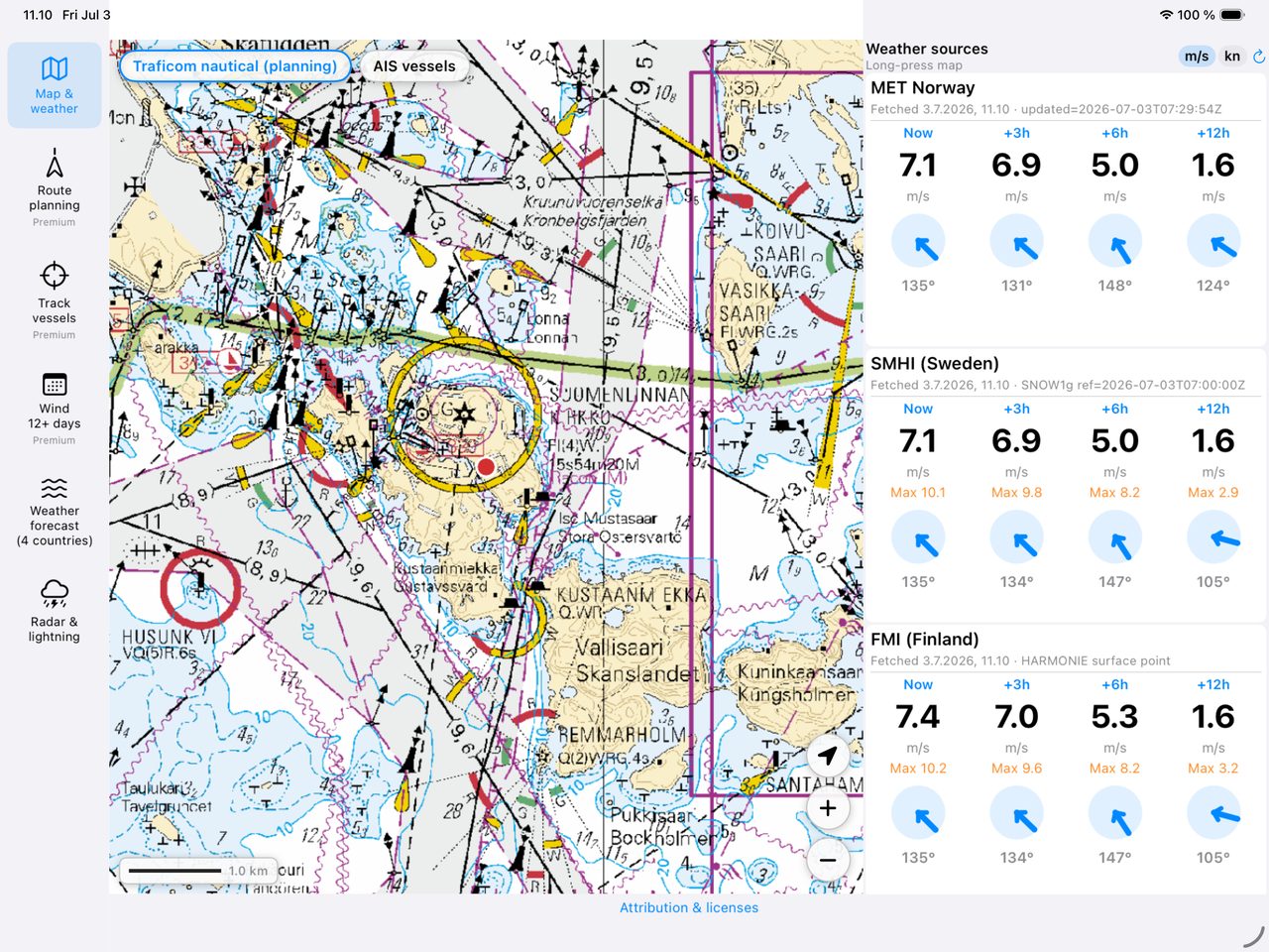 Map with MET Norway, SMHI and FMI forecast panels